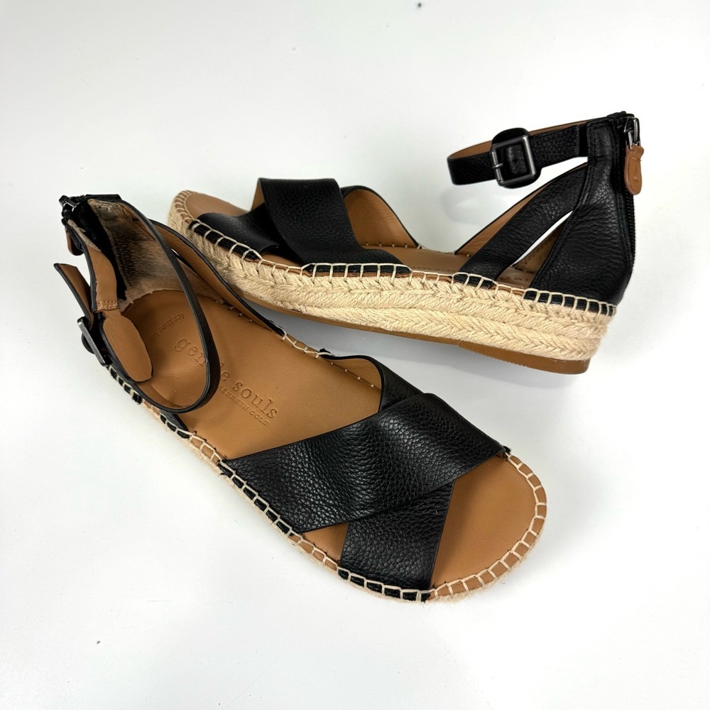 Gentle Souls by Kenneth Cole Leon Espadrille Wedge Sandals Black Leather Sz 6.5